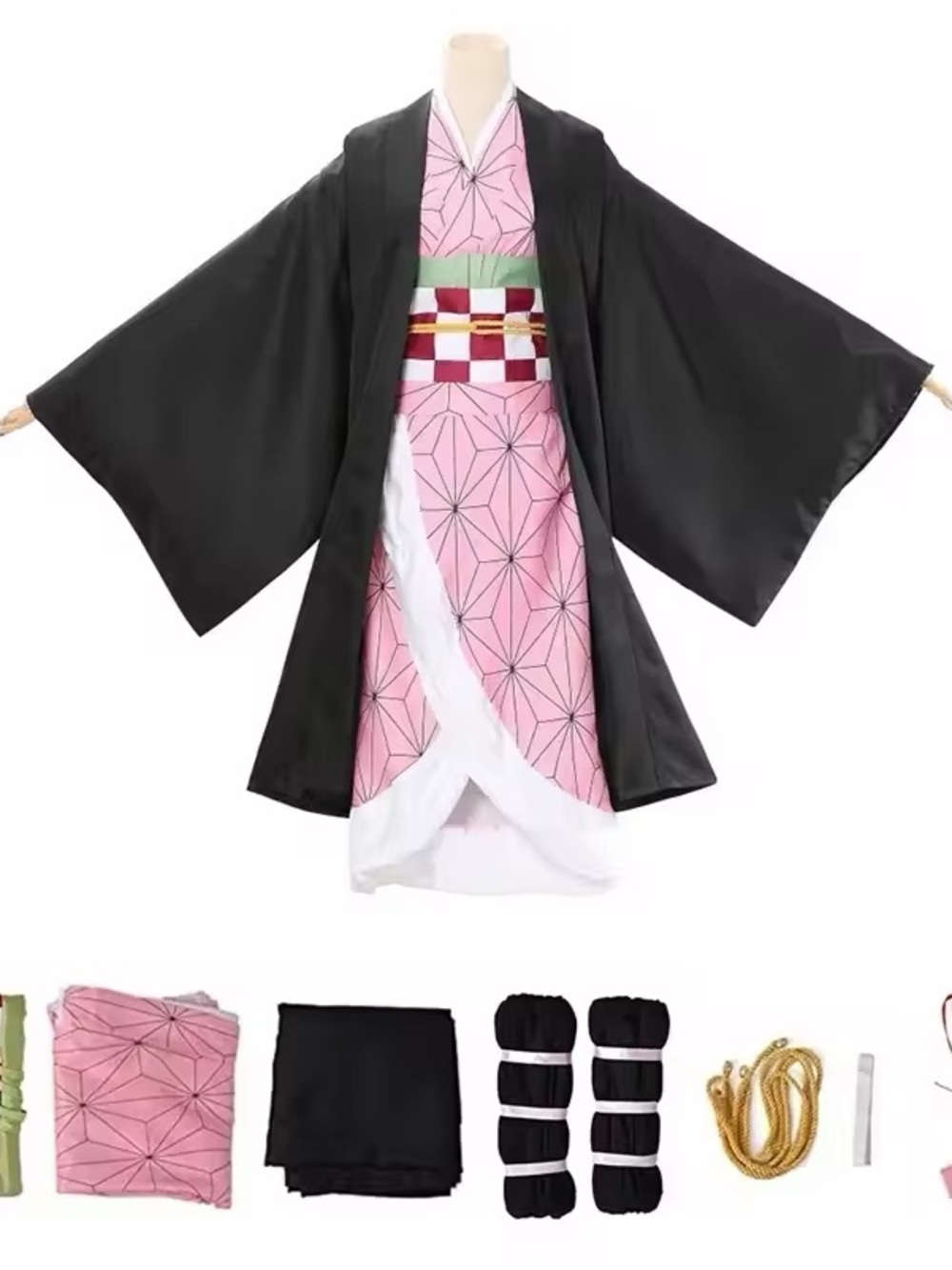 Kids Anime-Inspired Nezuko Costume with Green Obi with wig -Demon Slayer